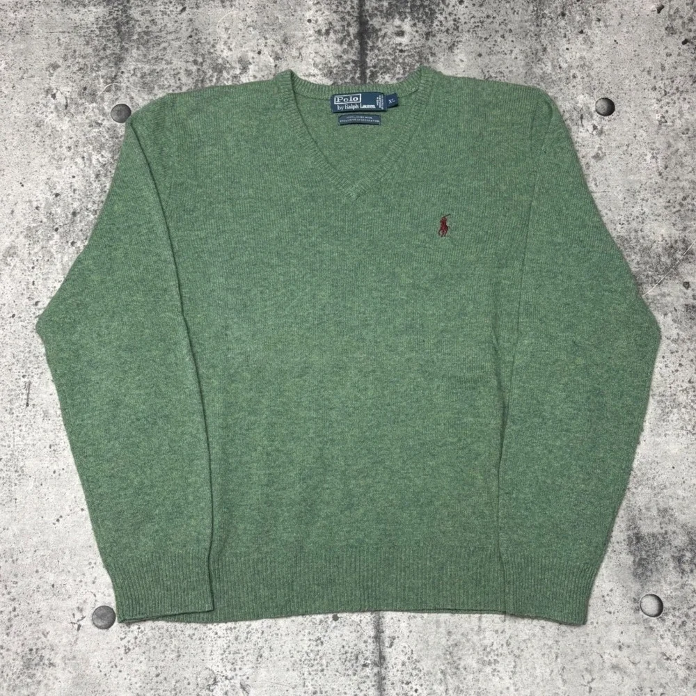 Polo Ralph Lauren Mens XL Lambswool V-Neck Sweater Sage Green Heather Knit Pony